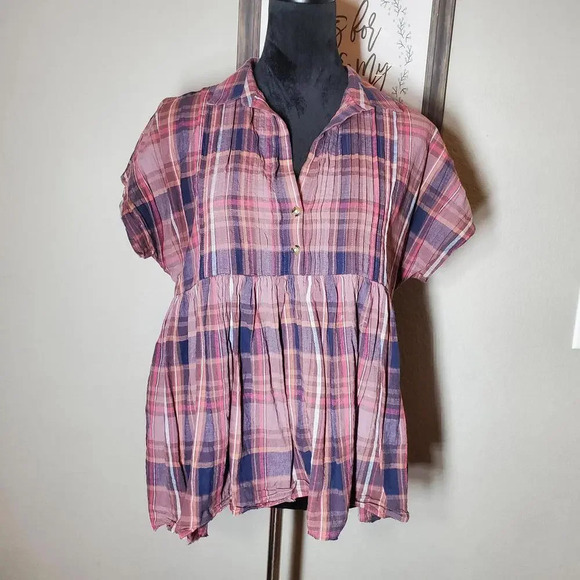 Lucky Brand Women's Short Sleeve Babydoll Tunic Shirt Plaid Size XS - Picture 11 of 12